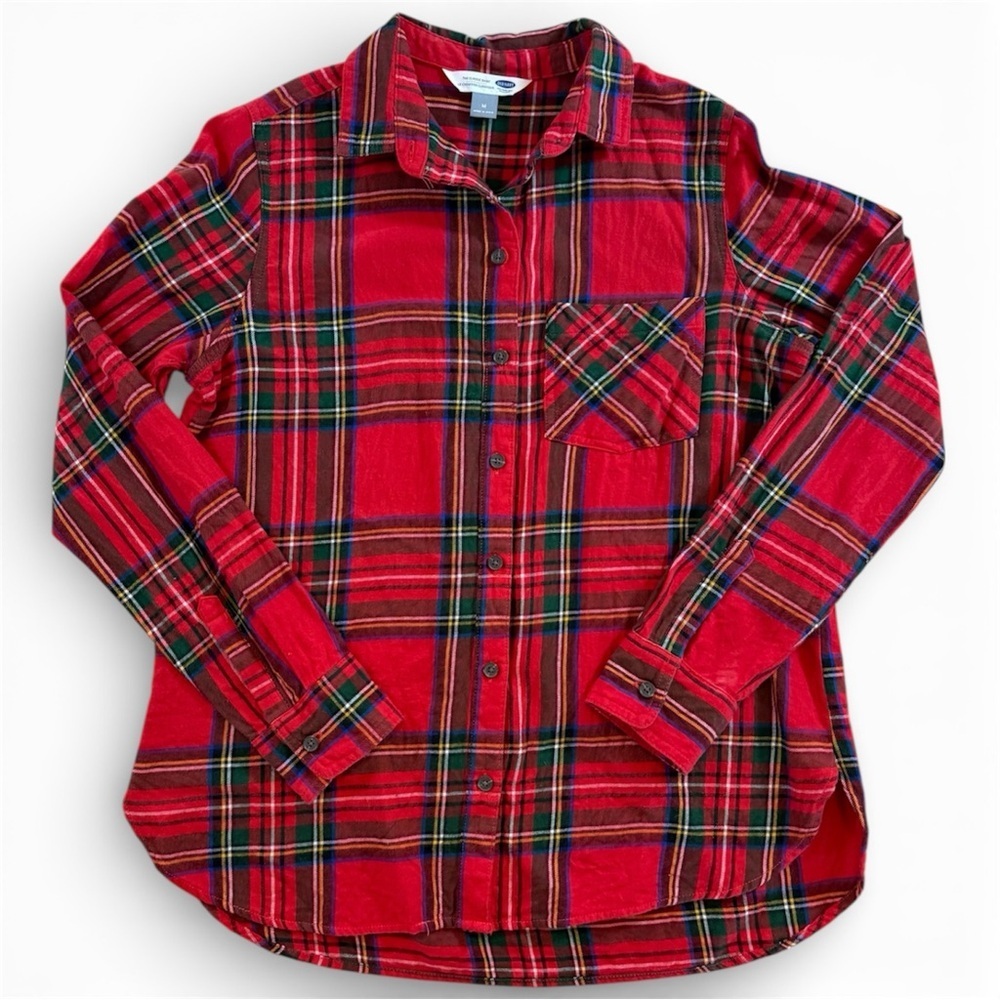 Old Navy Classic Plaid Flannel Button Down Shirt Red Green Womens Sz Medium - Picture 2 of 5